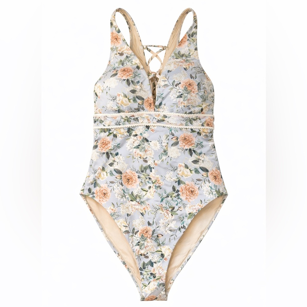 Aqua Blu Floral One-Piece Swimsuit in Light Blue and Peach